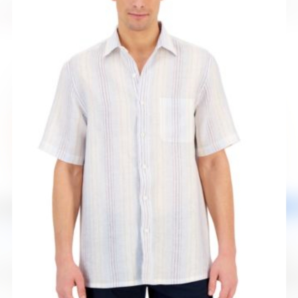 PERRY ELLIS City Fit 100% Linen White/light Blue Striped Short Sleeve Shirt.Sz L